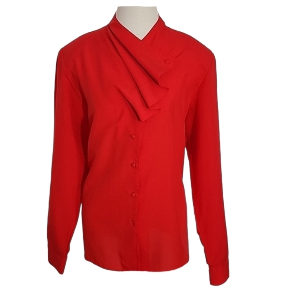 Alicia Blouse 1980s Gathered Neckline Button Down Long Sleeve Red Plus Size 14
